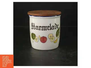 Keramik marmeladeglas med trælåg fra Knabstrup (str. Ø. 11 cm. længde, 11 cm)