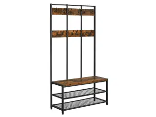 Tøjstativ med bænk industrielt entrémøbel, 12 kroge, skobænk, rustik brun/sort (HSR86BX)