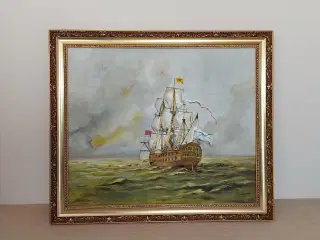 Maleri, gammel fregat i uvejr.