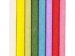 Crepepapir, ark 25x60 cm, Stræk/crepe: 180%, 105 g, standardfarver, 8ark/ 1 pk.