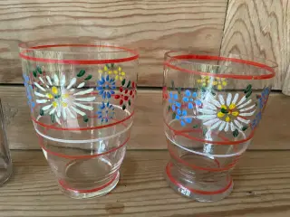 2 gamle glas og Patentflaske - håndmalede 