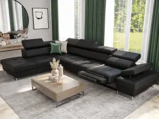 GALAKSE RELAX HJØRNESOFA MED SOVEFUNKTION 225X350 CM Sort øko læder VENSTRE