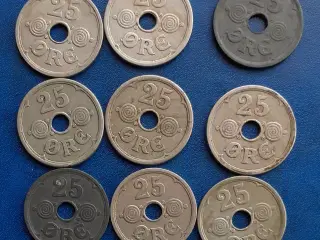 25 øre, 1924 til 1944, 9 forskelige