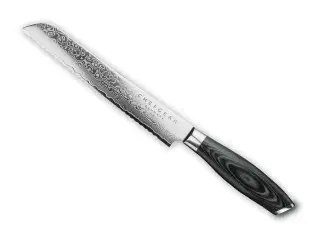 Brødkniv, 21 cm knivblad, udført i 67 lags Damaskus stål.