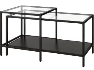 Sofabord, 2 indskudsborde i sort stål og glasplade