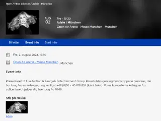 1 billet til Adele koncert i Munchen - 2. august