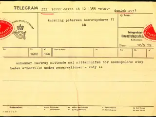 Telegram - Den Dansk Statstelegraf 1959 - Fra Cairo til København