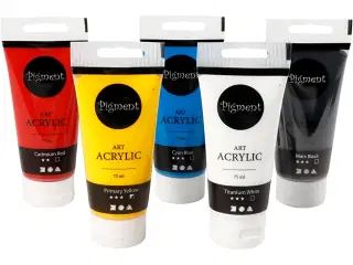 Art Akrylmaling, Grundfarver, halvblank, ass. farver, 5x75ml/ 1 pk.