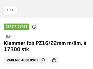 Klammer fzb PZ16/22mm m/lim, á 17300 stk