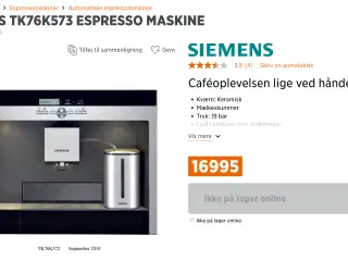 Siemens - fuldautomatisk espressomaskine