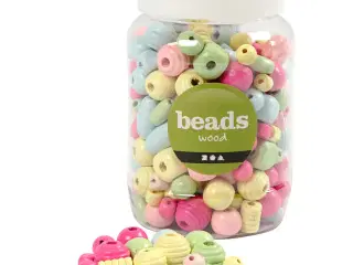 Træperler, diam. 10-15 mm, hulstr. 3-5 mm, lyseblå, lys grøn, lyserød, lys gul, 400ml/ 1 spand