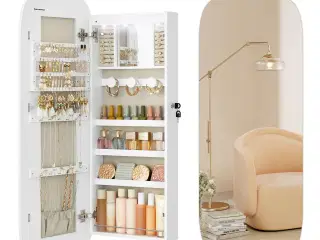 Smykkespejl med opbevaring væg-/dørmonteret, låsbart, bredt spejl med afrundede hjørner og indvendigt LED-spejl, 10 × 42 × 108 cm, hvid/greige