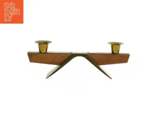 Vintage lysestage i Teak træ og messing med to lysholdere (str. 25 cm)