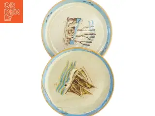 Dekorative keramiktallerkener fra Knabstrup i Arbejdsserien ca 1950 (str. 23 cm i diameter)