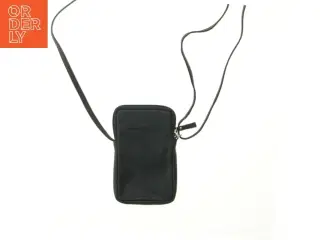 Sort skuldertaske, til fx en mobiltelefon. (str. 19x12 cm)