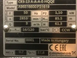 Grundfos CR3-13, ny pumpe