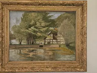 Maleri af opdæmmet sø 50x63cm inkl. ramme