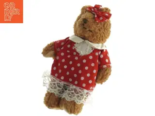 Teddy bamse med rød prikket kjole (str. 20 cm)