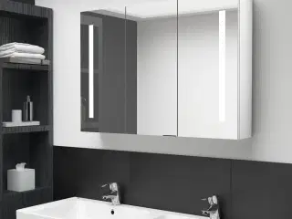 Badeværelsesskab med spejl + LED-lys 89x14x62 cm skinnende hvid