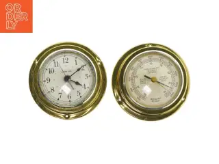 Maritimt ur og barometer sæt i messing (str. Ø. 14 cm. 2 styk)