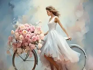 * Lærredsmaleri; Smuk blomsterpige - med cykel