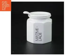 Hvid porcelæns marmeladekrukke med låg og ske (str. 9 x 8 cm)