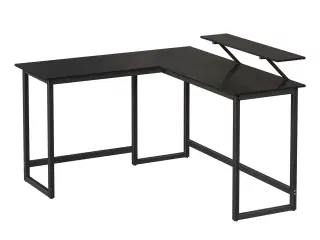 L-formet skrivebord med monitorhylde – hjørneskrivebord til hjemmekontor, pladsbesparende, sort