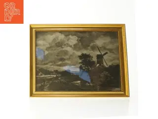 Indrammet landskabsbillede med mølle (str. 45 x 35 cm)