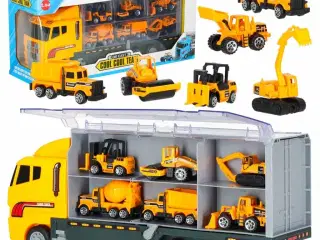 Legetøjslastbil transporter med affyringsrampe + 6 metal bygge­maskiner