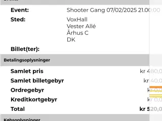 2 Billetter til Shooter Gang i Århus 7.feb 2025