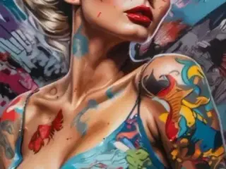 * Tattoo-lærredsmaleri; Smuk farverig kvinde