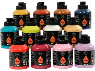 Akrylmaling , halvblank, suppleringsfarver, 12x500ml/ 1 pk.