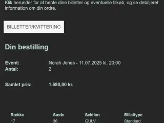 2 billetter til Norah Jones 11/7, Musikhuset