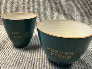 Krus og skål med tekst fra Bruuns Keramik