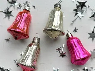 Vintage julekugler, pink/sølv klokker, 4 stk samlet