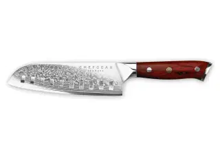 Santokukniv, 18 cm knivblad, udført i 67 lags Damaskus stål.