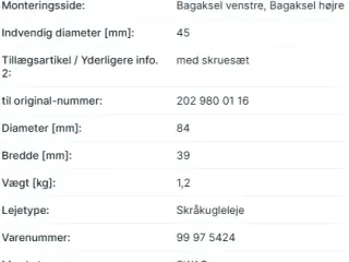 2x Hjulleje sæt bagaksel til Mercedes 