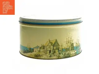 Engelsk Antik Rund metaldåse med skibsmotiv (str. Ø 24 cm)