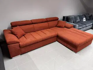 Hjørnesofa med chaiselong stof orange med opbevari