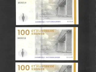 100 kr. sedler i samme serie kv. 0