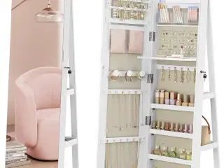 Spejl-smykkeskab med 6 LED, låsbart – fritstående 360° drejefunktion, rammeløst helkropsspejl, 3 opbevaringshylder – hvid/greige