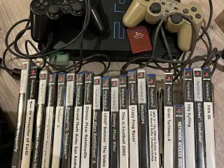 Playstation 2 inkl. spil og controllere