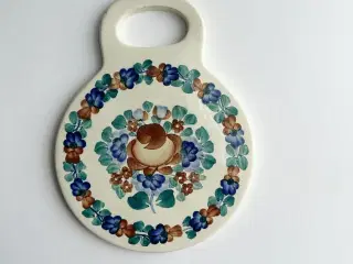 Polsk bemalet smørebrik, rund m håndtag, brun/blå/grøn