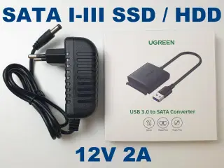 USB 3.0 til SATA 2.5" & 3.5" + 12V STRØMFORSYNING
