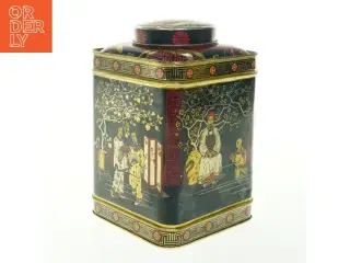 Vintage Tindekasse med Asiatiske Motiver (str. H. 22 cm. 14,5 x 14,5 cm)