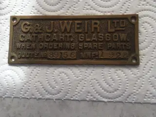 Messingskilt fra fa. G & J  Weir Ltd Glasgow