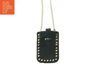 Sort læder mobilpung med kæde (str. 15x9,5 cm)