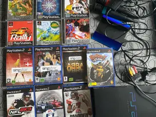PlayStation 2 m. Spil, controller og mikrofoner