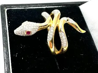 Slange ring i sølv og guld med diamanter og rubinø