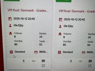 2 billetter til landskamp Danmark mod Grækenland 